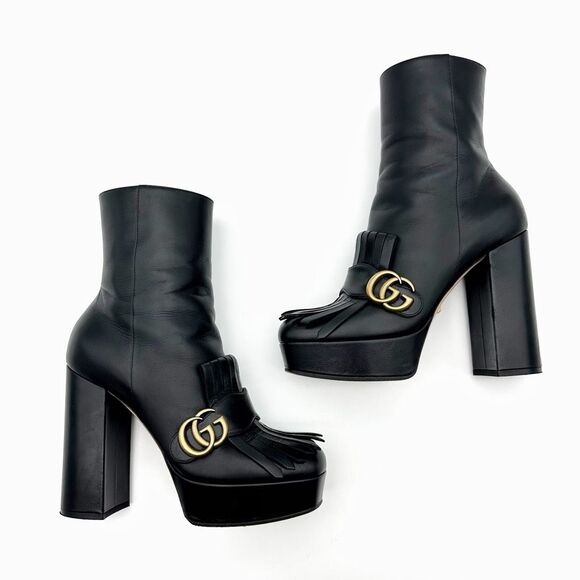 GUCCI Marmont Kiltie Fringe GG Platform Boots Size 39 US 9 Black Leather Ankle - Picture 8 of 12